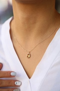 Sarı Doğal Taş Oval Altın Kolye