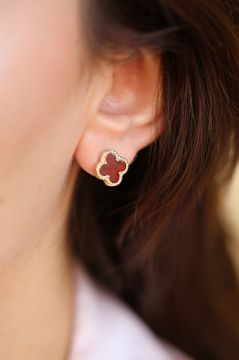 Yonca Bordo Altın Küpe