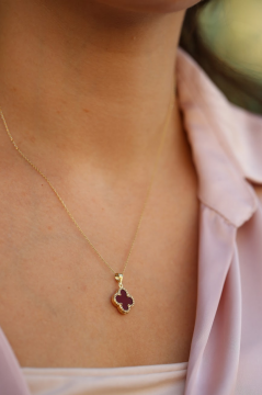 Bordo Yonca Altın Kolye